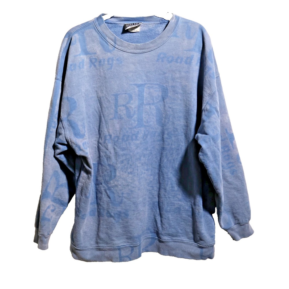 Vintage Road Rags Jean Co Blue Acid Wash All Over Print Sweatshirt Mens L USA